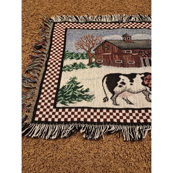 Vintage Tapestry Rug Country Christmas Cow Barn Rustic Farmhouse Table 20x36 - Picture 4 of 11